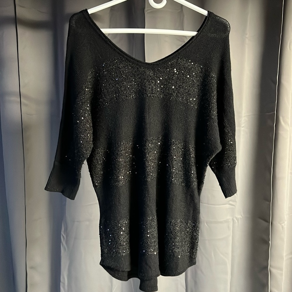 Black Sequin Express V-Neck Sweater